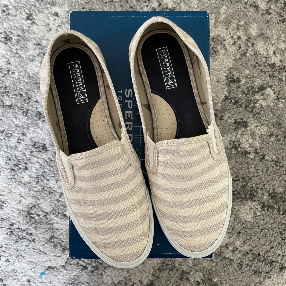Sperry Seaside Breton Stripe Sand Canvas slip-on